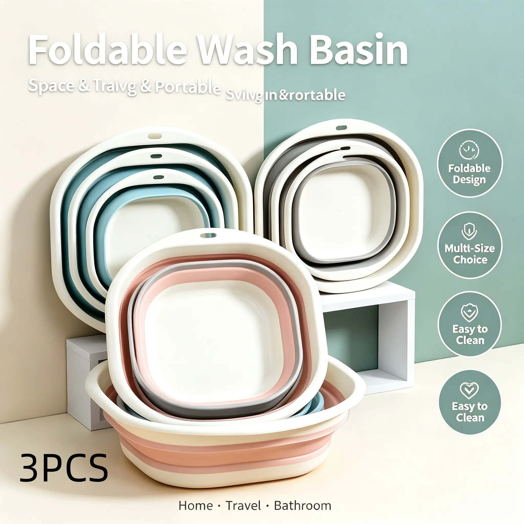 3pcs Foldable Wash Basin Set, Multisize Collapsible Portable Washing Bowl, Student Household Travel, Space Saving Wash Tub