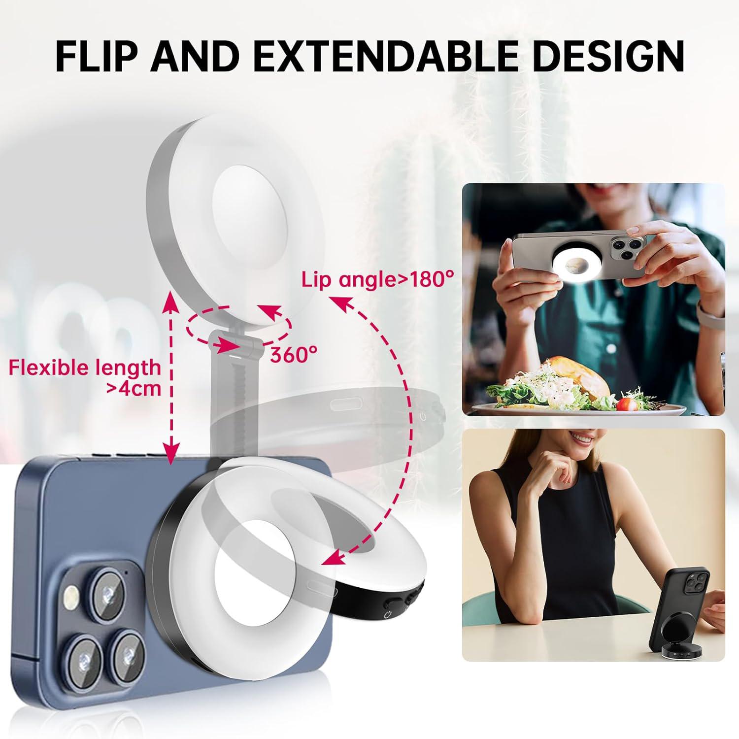 Magnetic Selfie Fill Light Compatible with Magsafe iPhone and Android, Mirror Ring Beauty Light Cri97 Color Quality, 360° Foldable LED for Selfies Photography, Led Smartphone Light, Portable Selfie Light, Led Selfie Accessories