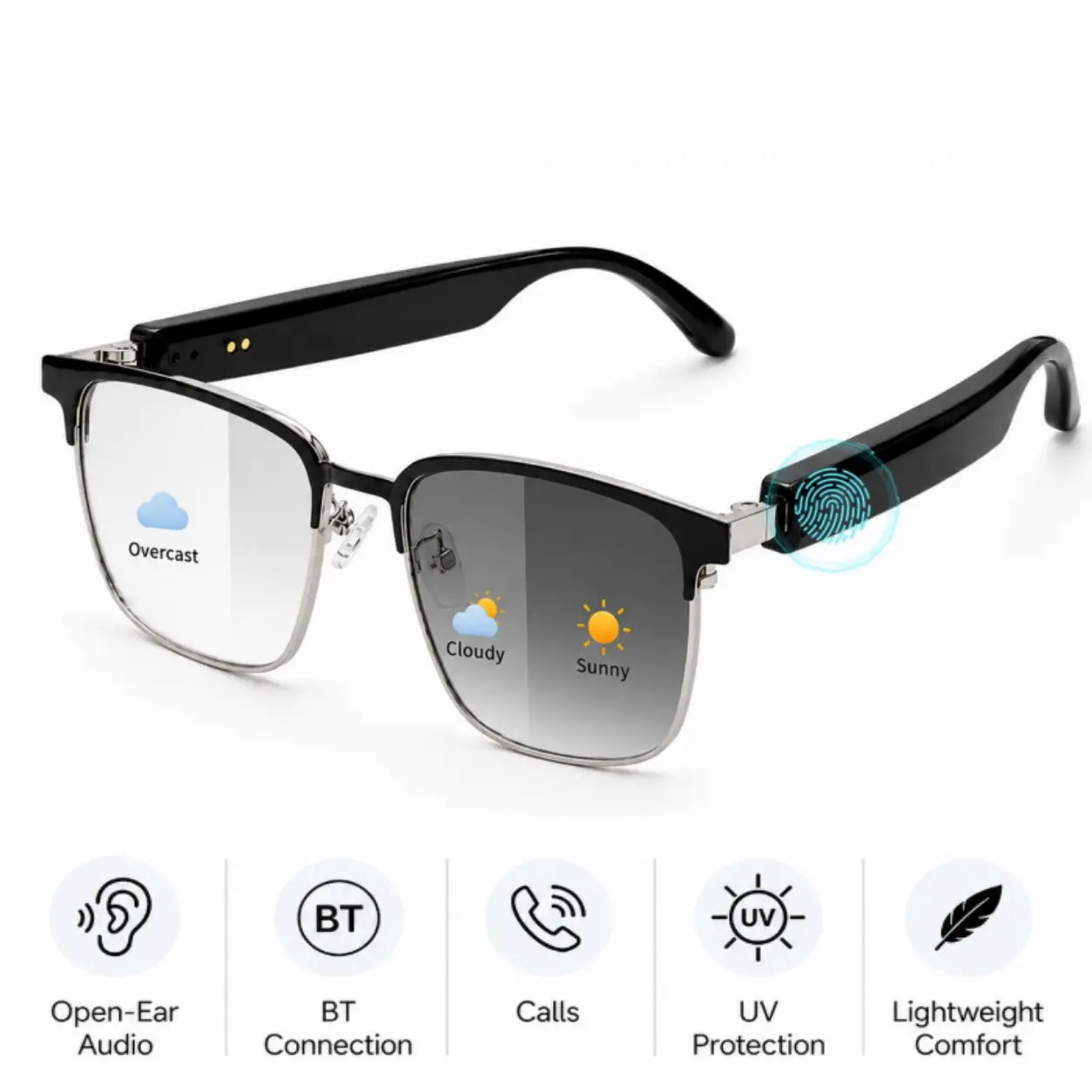 Photochromic Smart Audio Glasses, Bluetooth Open-Ear Sunglasses with Music, Hands-Free Calling, Touch Control,Voice Assistant and UV Protection for Running Cycling