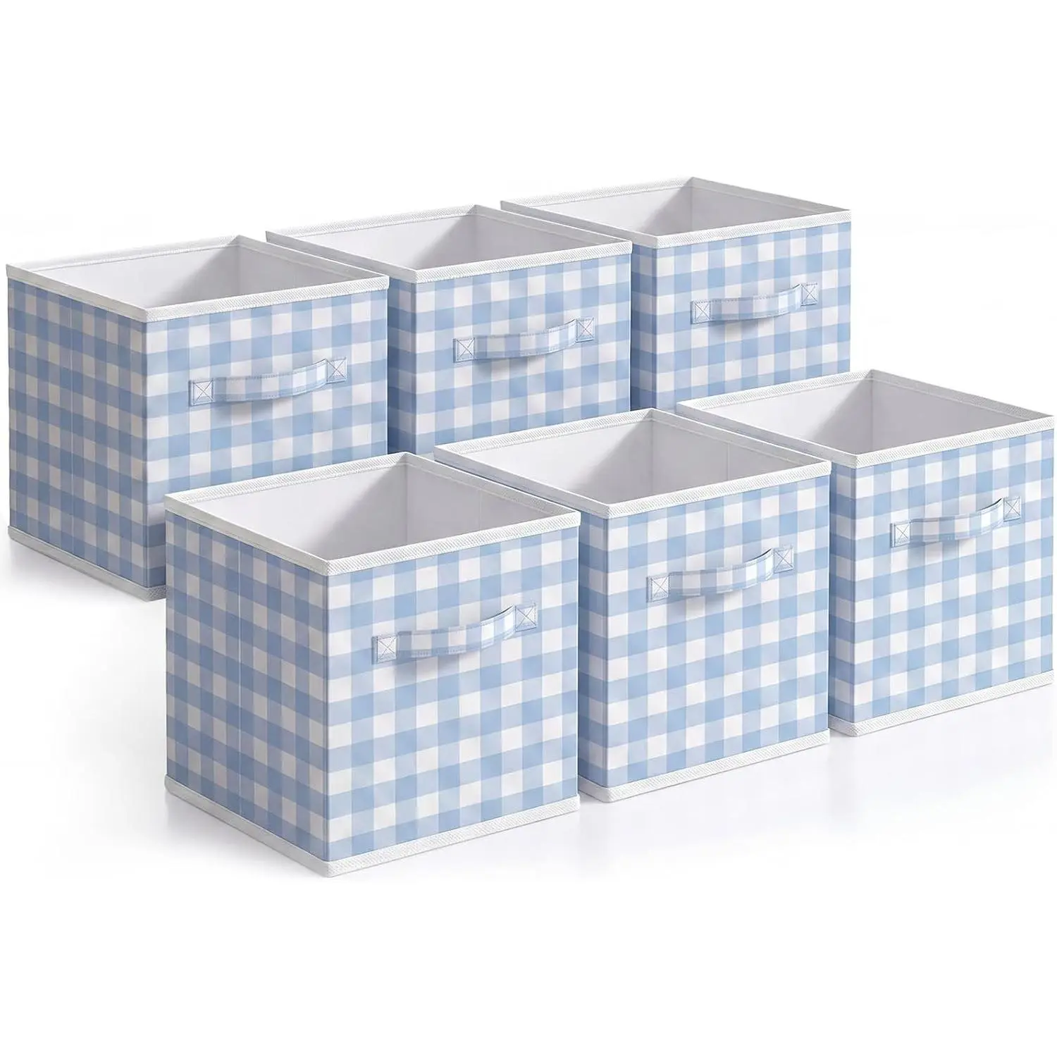 Yalikop 6 Pcs 11 Inch Blue Gingham Fabric Storage Bins, Collapsible Preppy Checkered Cubby Organizer Baskets with Handles for Classroom Home Nursery Playroom Bedroom