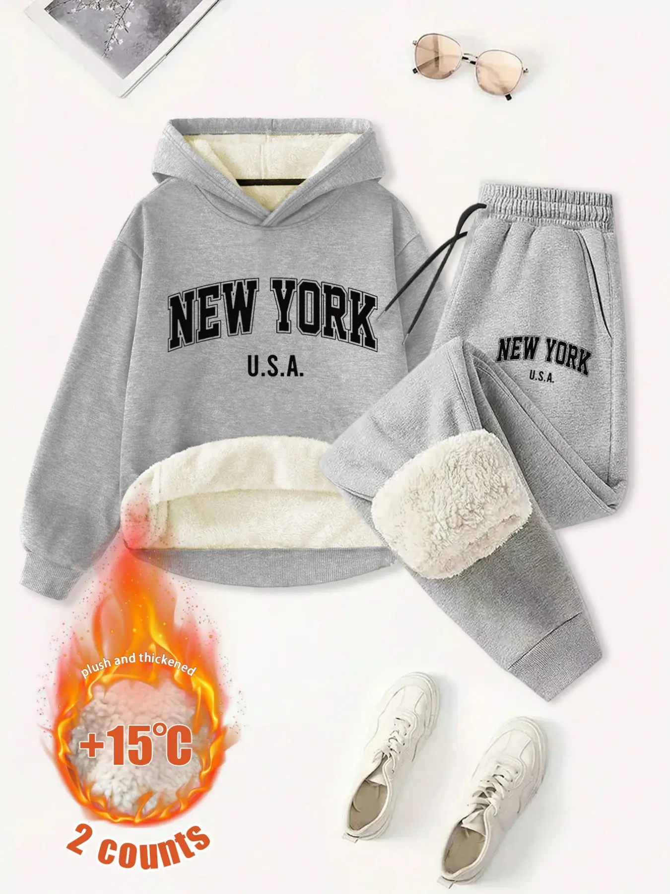 Women's Fleece Lined Thick Long Pants Set, Hooded Sweatshirt with Drawstring Cargo Pants, New York Text Print, Fall Winter Fashion