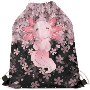 Cute Axolotl Drawstring Backpack Cherry Blossom Drawstring Gym Bag for Women Teen String Sackpack PE Kit Bag Swim Sport Beach Cinch Pack Storage Pouch(Gift)