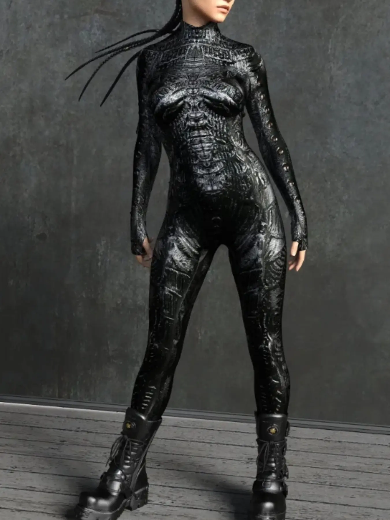 Dark Alien Texture Bodysuit, High Neck Zipper Full Coverage Leather Look, Music Festival Halloween Cosplay Cyberpunk Nightclub Stage Costume Outfit Aesthetic