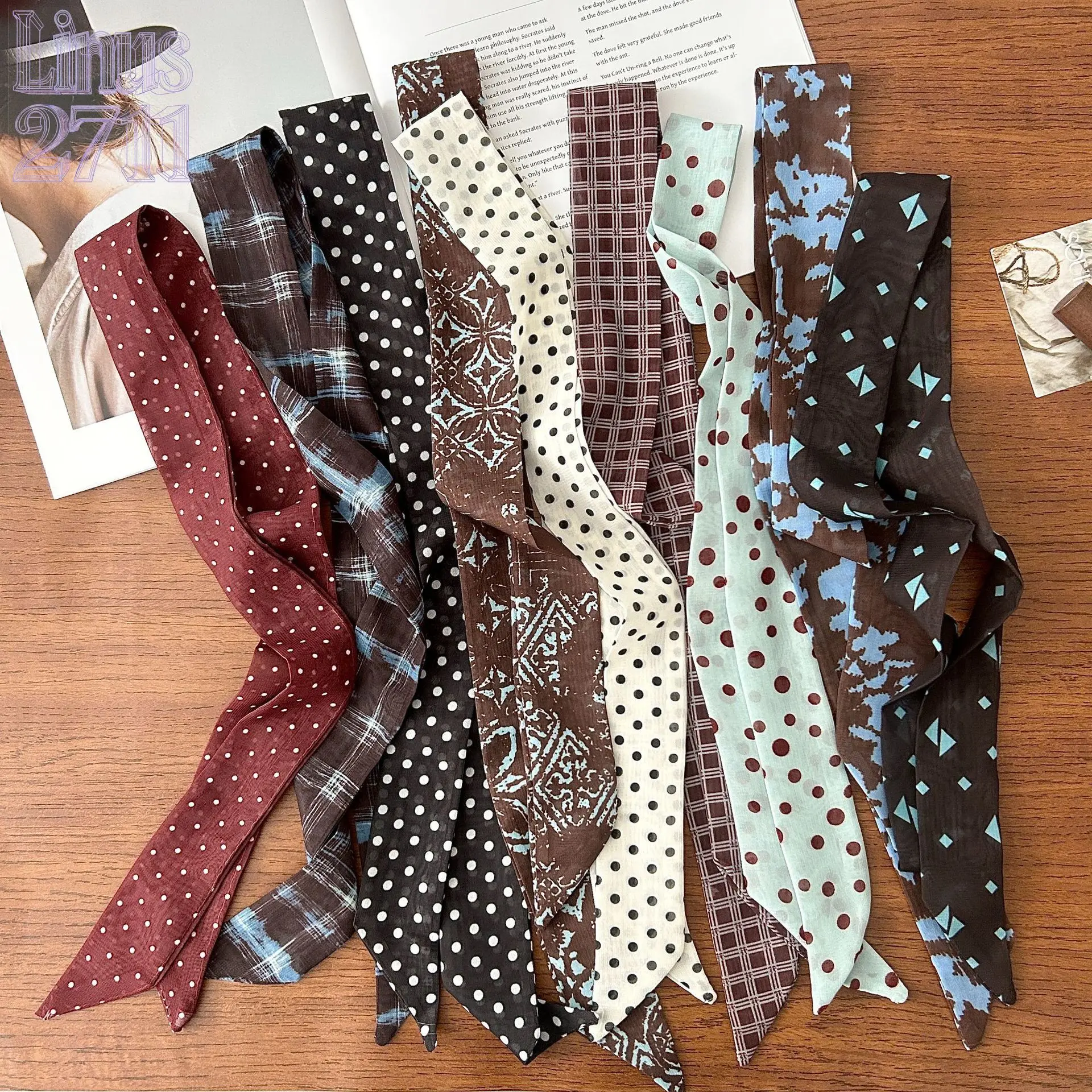 6Pcs Vintage Brown Skinny Scarf Ribbon Polka Dot Plaid Abstract Print Multi-use Hair Tie Neck Kerchief Bag Decor Daily Autumn Fashion Accessory Set