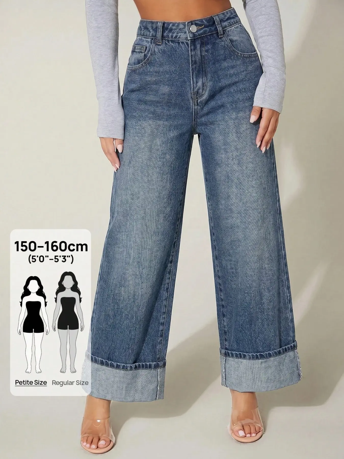Vintage Washed Loose Wide Leg Jeans for Petite Women, High Waist Nine-Inch Rolled Hem Straight Leg Pants, Multiple Pockets, Casual Daily Commute Bottoms