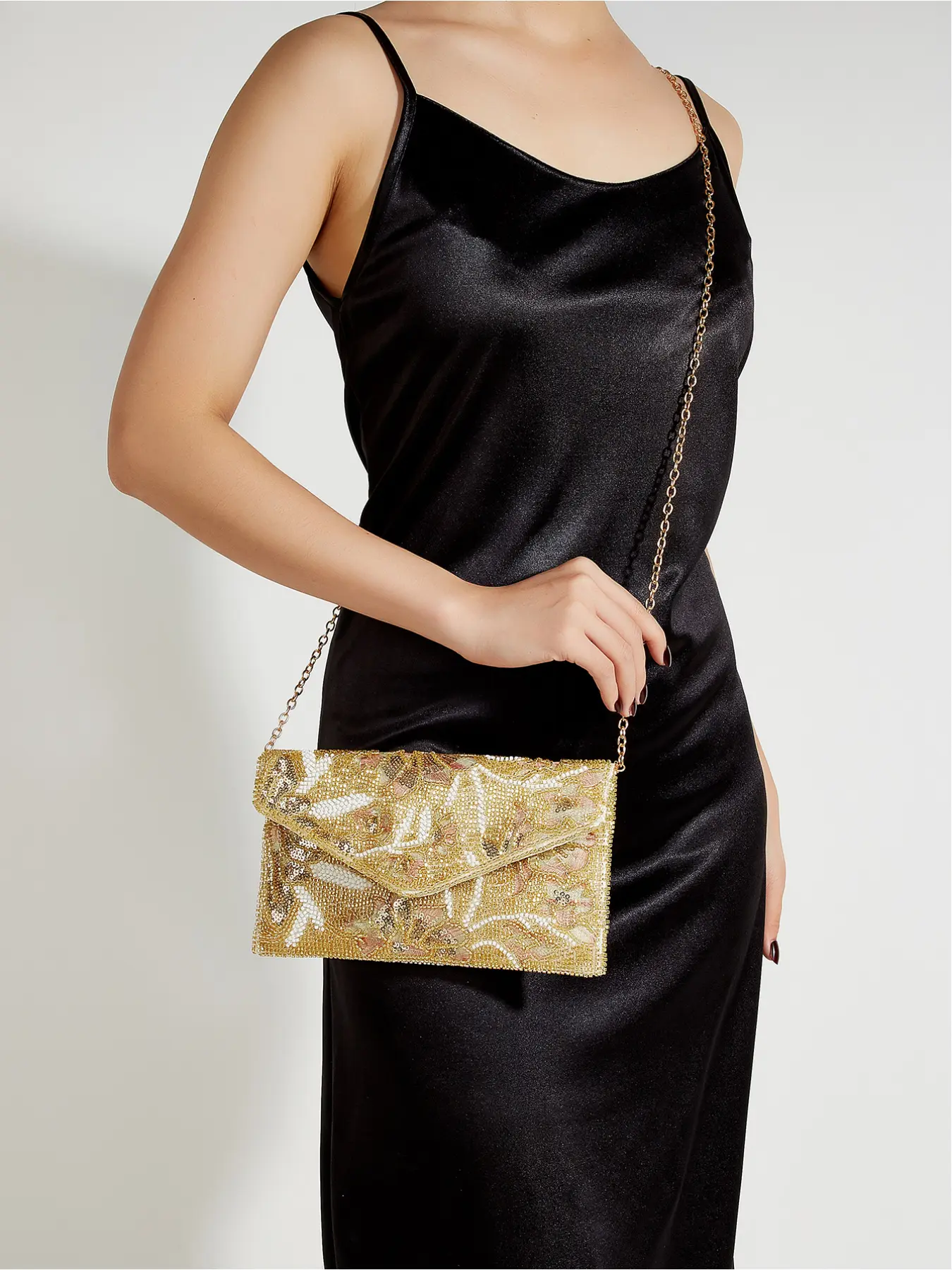 Full Beaded Floral Envelope Wristlet Clutch Bag, 2-in-1 Detachable Chain Crossbody Evening Purse, Sequined On Both Sides, Gold Elegant Formal Handbag For Wedding Guest Prom Cocktail Party, Ideal Gift For Women