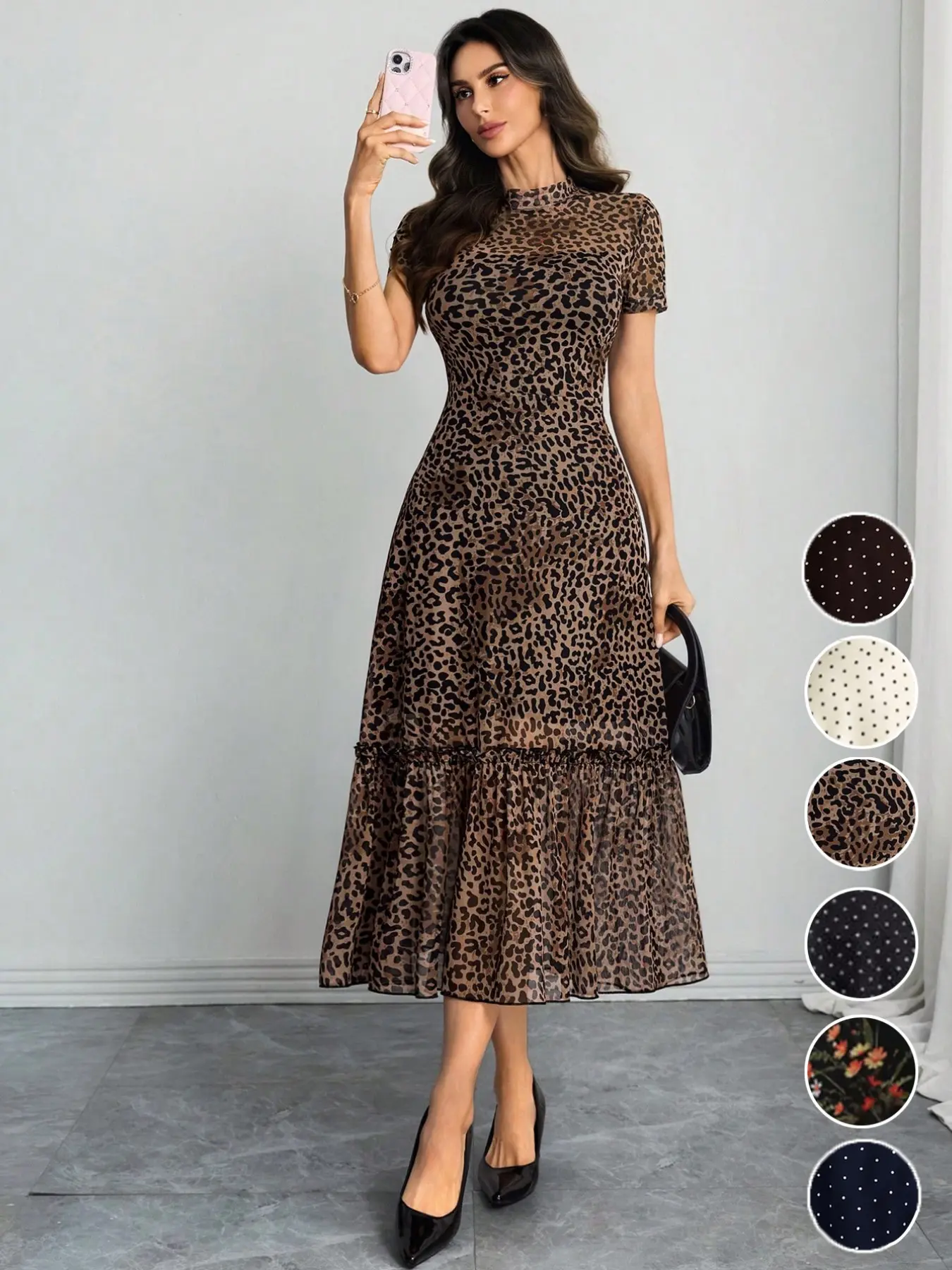 Women's Sexy Leopard Print Elegant Round Neck Mesh Skirt Dress, Chic Stylish Casual Fashion, Perfect for Parties and Daily Wear