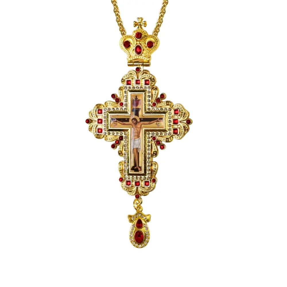 Gold Plated Pectoral Orthodox Cross Necklace for Priest, Rhinestone Jerusalem Jesus Crucifix Pendant with 47.24inches Chain, 4 Colors Religious Church Liturgy Gift