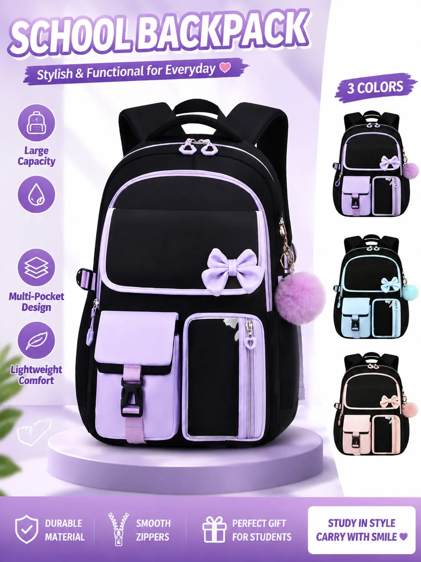 Girls' Princess Casual Backpack, Lightweight Dual Shoulder Bag, Large Capacity, Simple Design, Bow, Cute School Bag for Middle and High School Students, Durable Nylon Daypack