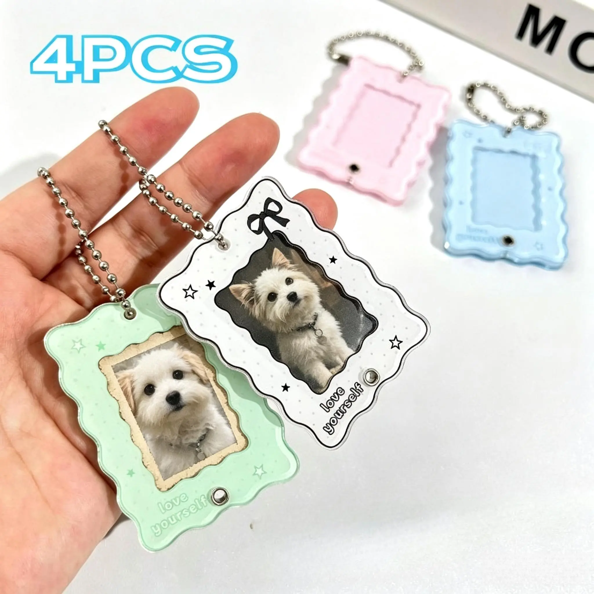 4Pcs Wavy Acrylic Slide Photocard Holder Keychain Set – Cute Pastel Pet Photo Frame with Ball Chain, Dustproof Replaceable Card Display Pendant, Dolphin Star Piano Keys Musical Note Shapes, ID Badge Student Card Case for Bag Decor