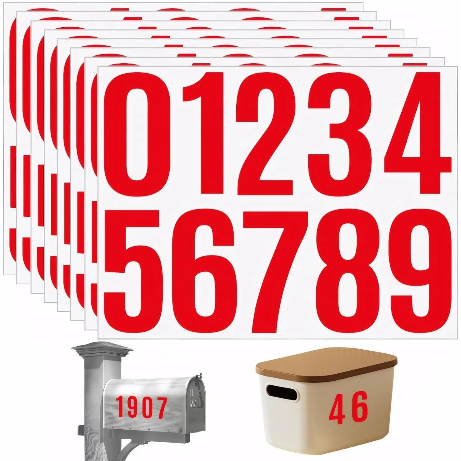 4 Inch Red Vinyl House Number Stickers Set - 8 Sheets Self-Adhesive Office Address Labels for Outside Mailbox, Doors, Windows