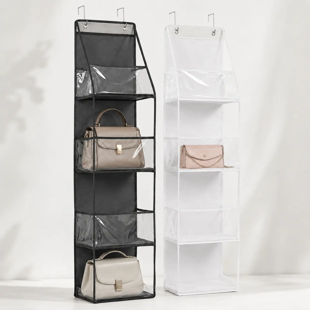 Over The Door Organizer with Clear View Windows, 4-Tier Hanging Storage Organizer for Purses, Handbags, Shoes, Clothes, Toys & Diapers