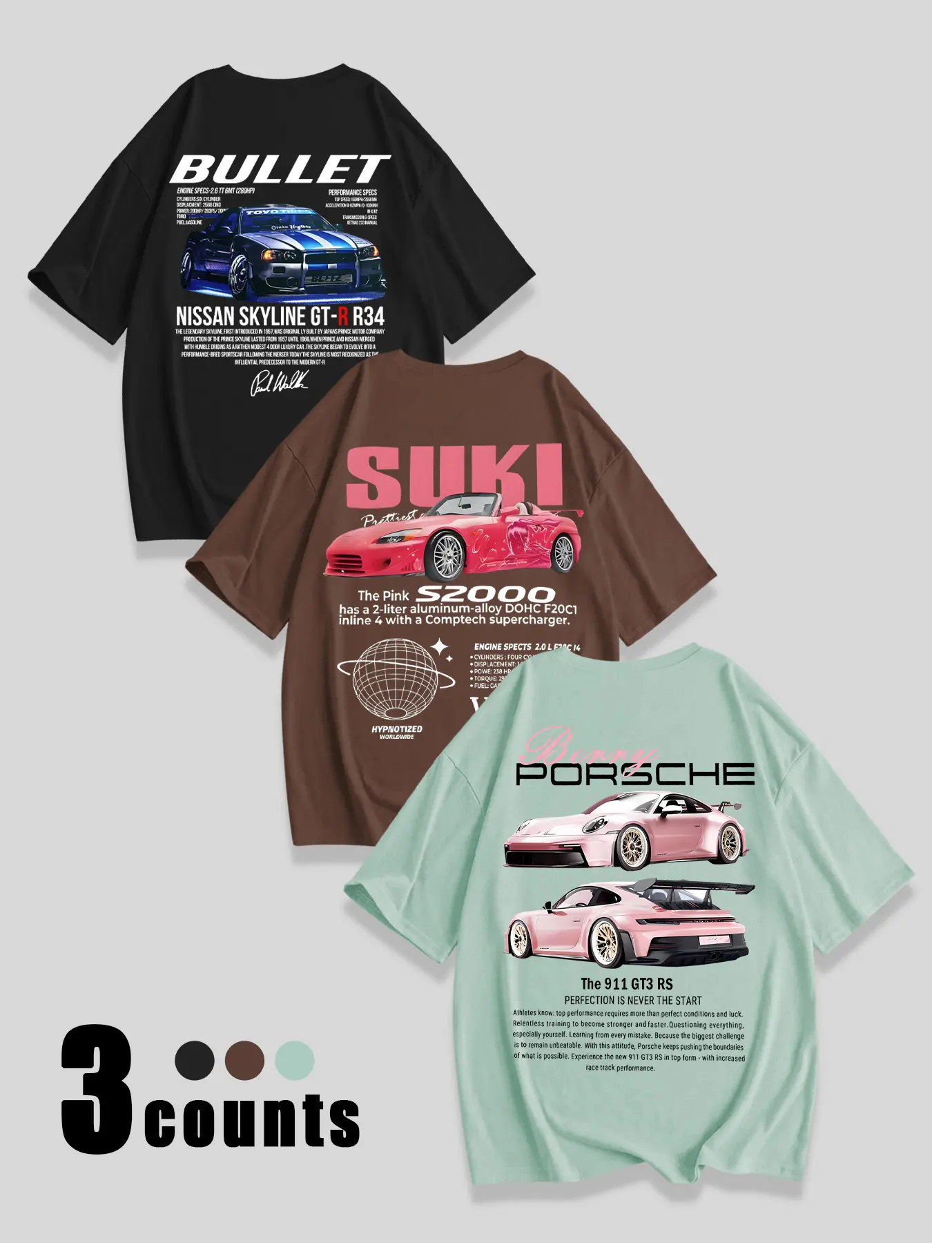 Breathable Casual T-Shirt for Women, Loose Fit Round Neck Design, Racing Car Print, Daily Wear, Fashion Comfort Versatile Top Three Pack