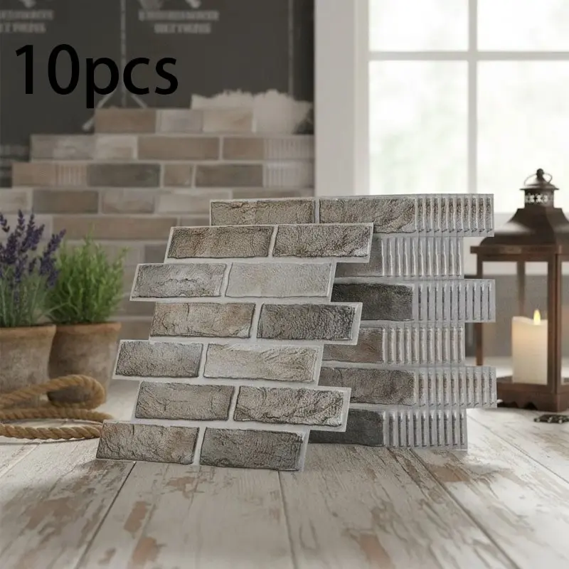 10pcs 9.7 Sq Ft Brick Pattern Wallpaper Tiles, Self-Adhesive Splash-Proof Panels, Removable Vintage Subway Tile Wall Boards, Kitchen Bathroom Living Room Decor, 11.8x11.8 Inches
