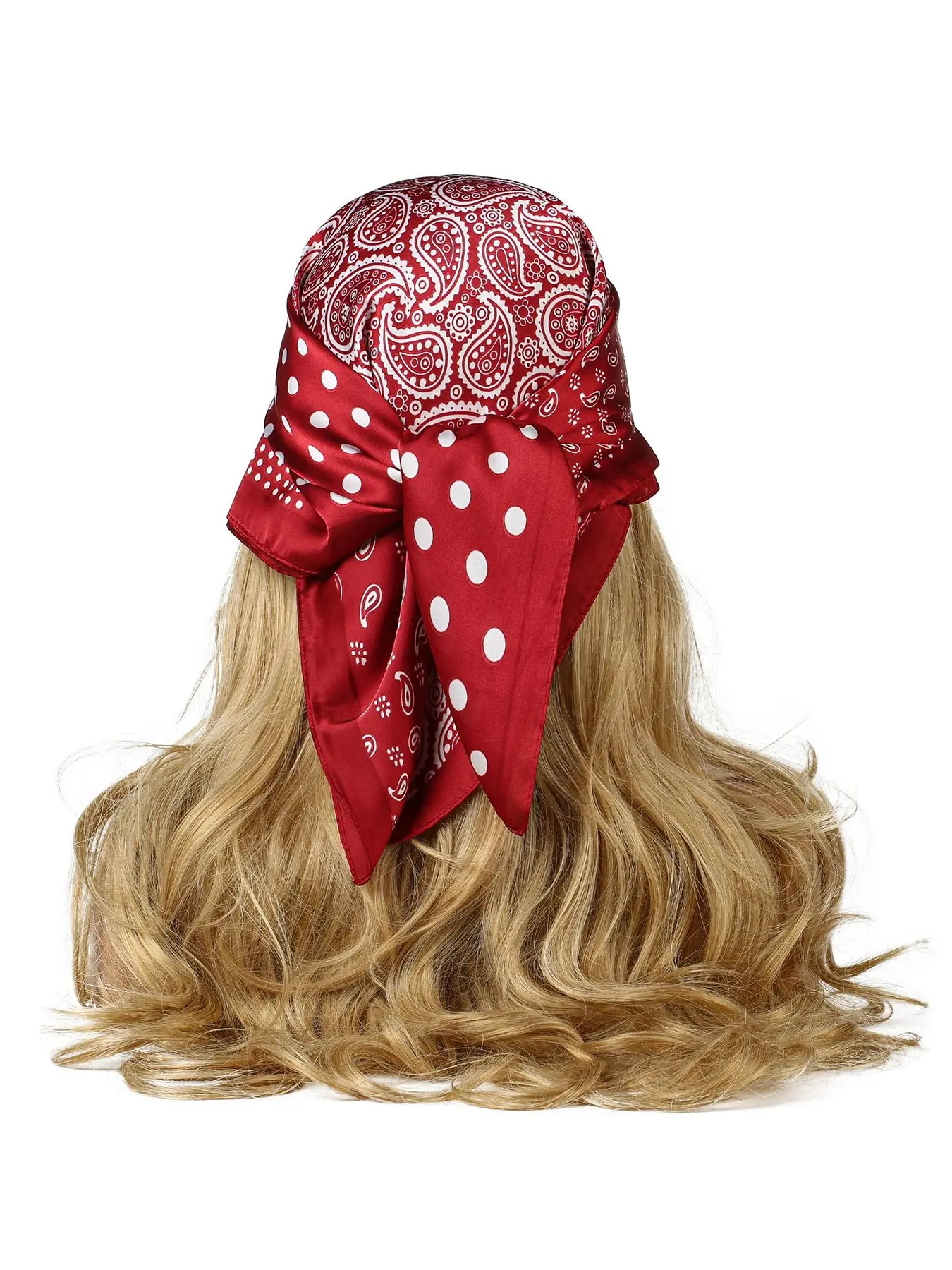 Red Paisley Polka Dot Bandana Attached Wig Long Wavy Blonde Synthetic Headscarf Wigs for Women Halloween Cosplay Party Costume