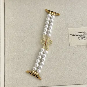 1PC fashionable pearl+metal bow Apple Watch bands, compatible with Apple Watch 38/40/41/42/44/45/46/49mm, suitable for Apple Watch series Ultra/SE/11/10/9/8/7/6/5/4/3/2/1 (strap only, watch and case not included)