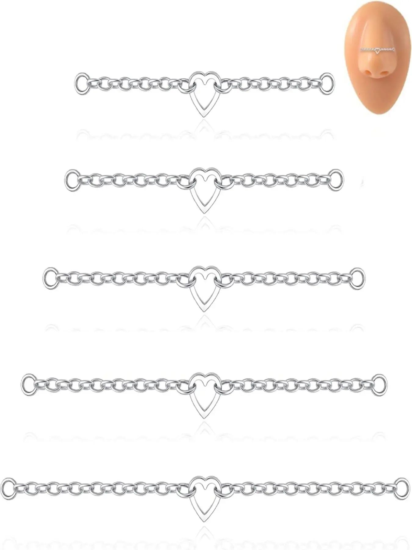 5Pcs Nose Chain Piercing Stainless Steel Across Top Nose Rings Chain Heart Double Nostril Bridge Fashion Body Jewelry for Women Men Silver Plated 32/35/40/45/50mm Body Jewellery