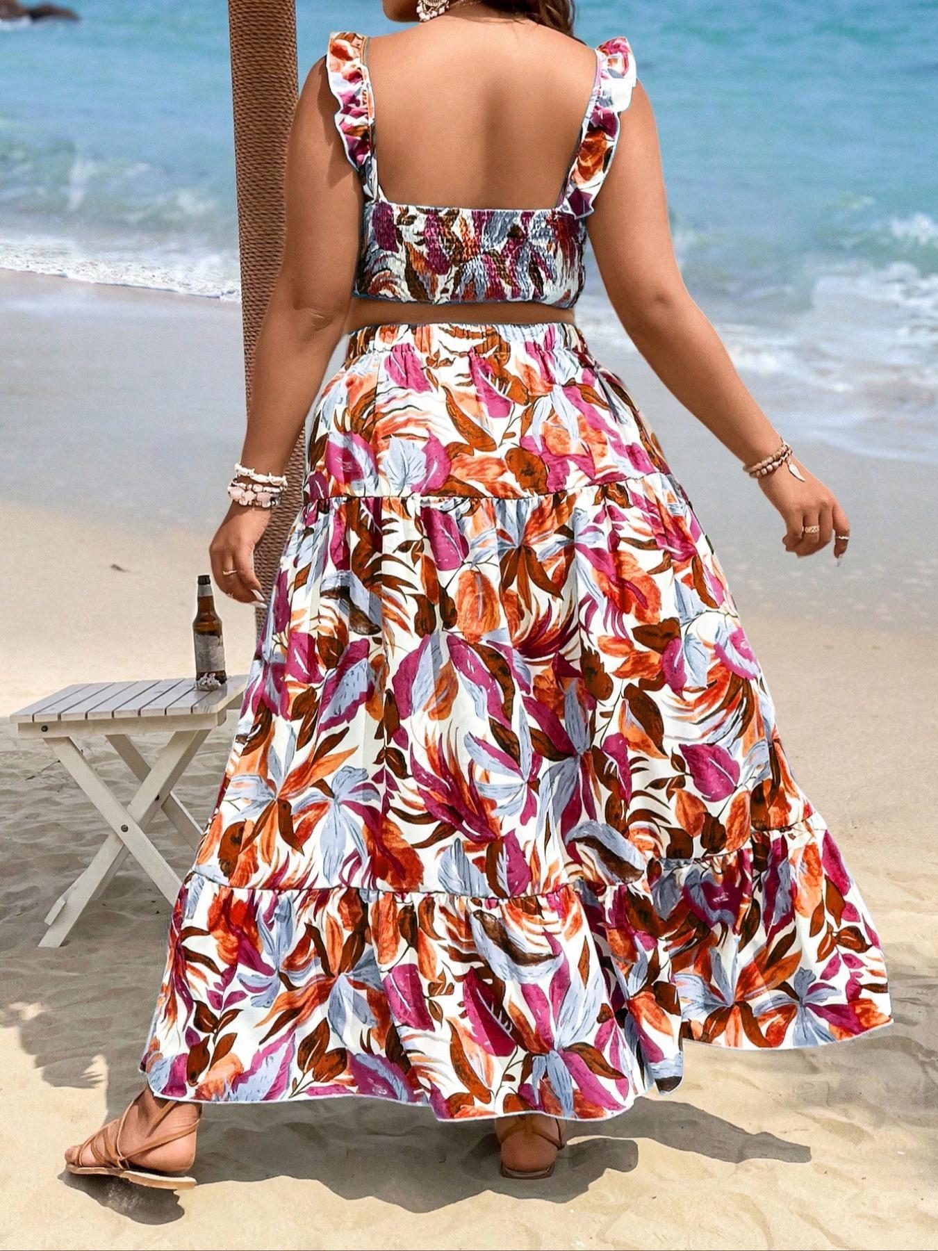 【Plus Size】 Leaf Print Crop Top & Skirt Set, Boho Bohemian Fashion Casual Two-piece Set for Beach Vacation Holiday, Women's Clothing for All Seasons