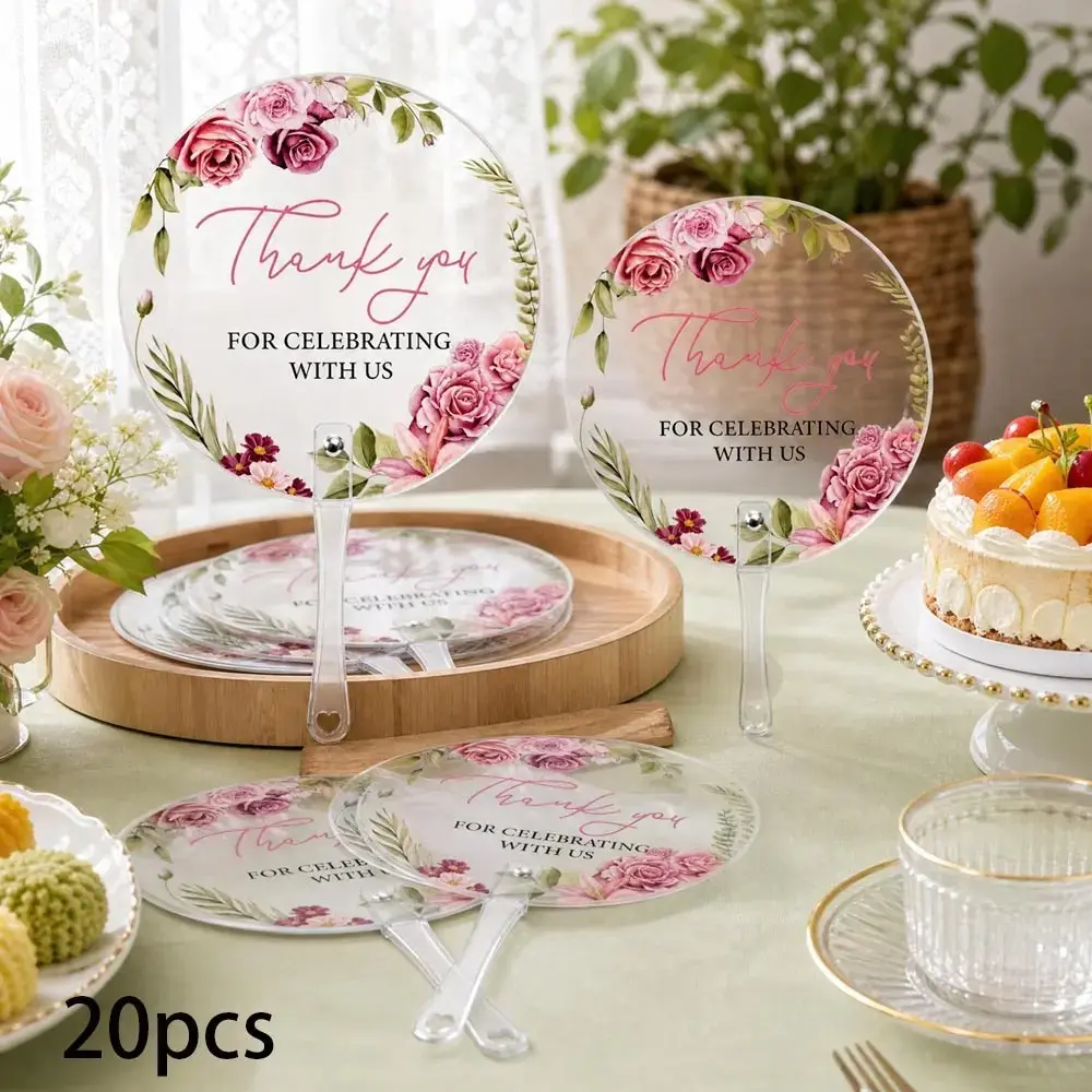 20pcs Floral Thank You Plastic Wedding Hand Fans, Durable and Simple Design, Perfect for Outdoor Weddings, Bridal Parties, Church Ceremonies
