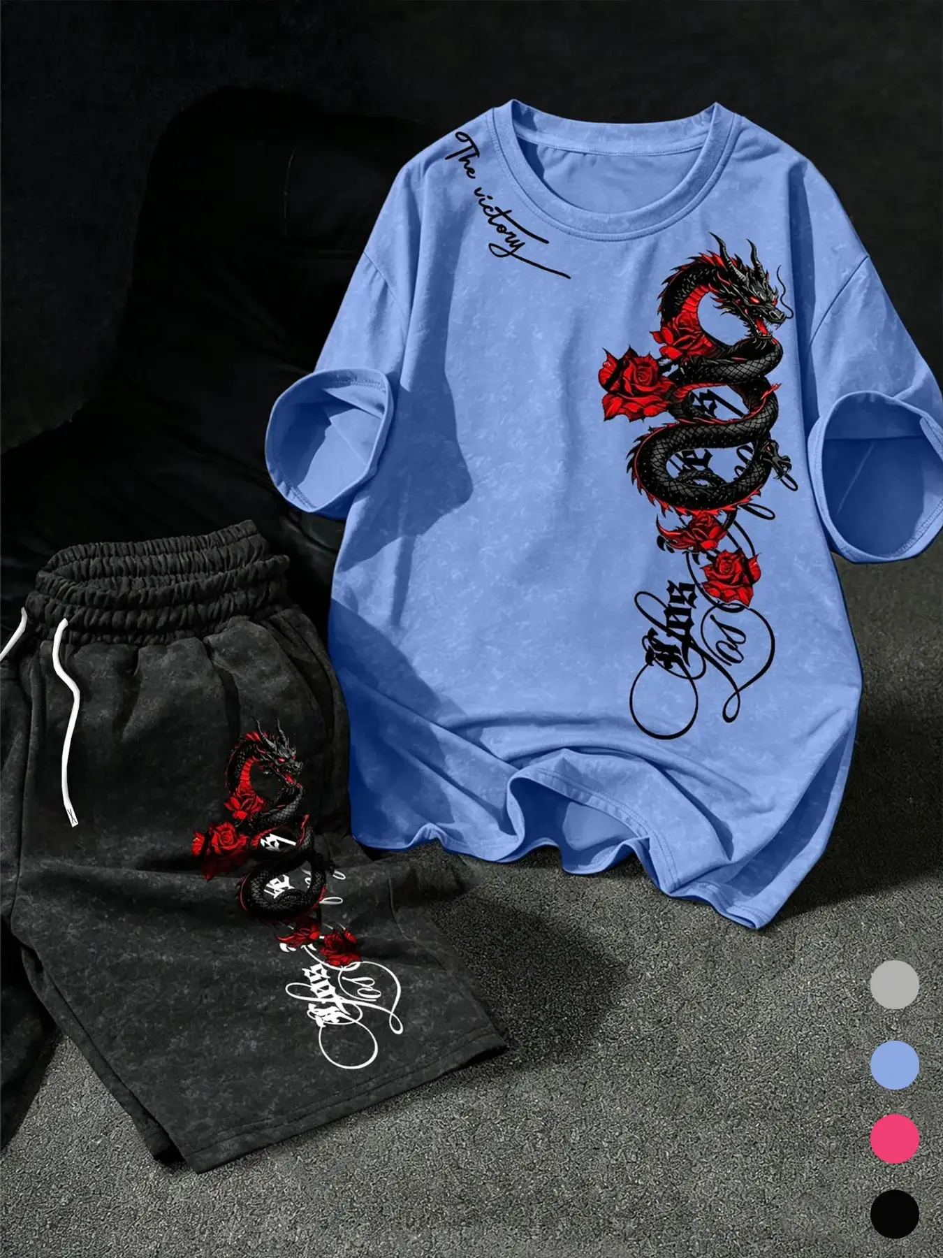 Vintage Base Gothic Dragon & Rose Print, Soft Skin-Friendly Fabric, Drop Shoulder T-Shirt + Drawstring Shorts Set