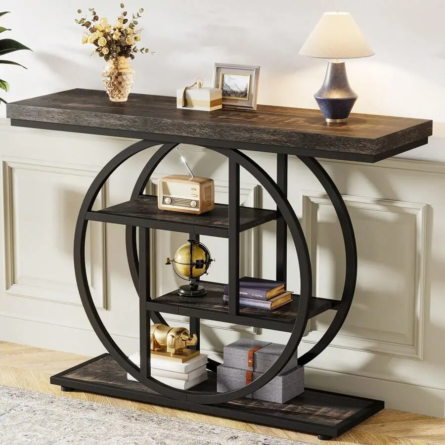 41.3" Console Table, Industrial 4-Tier Sofa Table Entryway Table With Circle Base, Narrow Wood Accent Tables With Storage Shelves Living Room, Hallway, Foyer, Rustic Brown