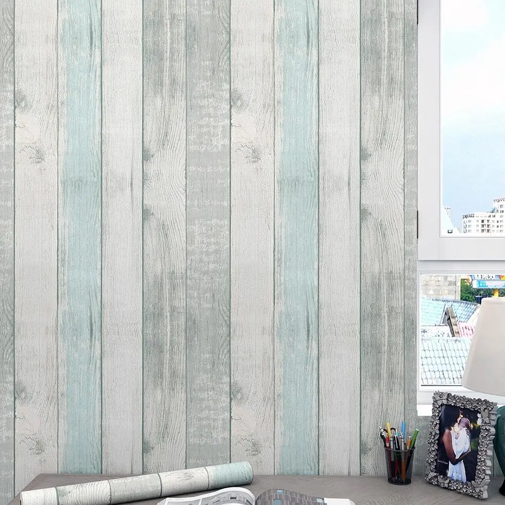 Blue Weathered Wood Grain Self-Adhesive Wall Sticker, Waterproof Removable Wallpaper, Seamless Easy Cut, 44.5cm Wide, Living Room Bedroom Furniture Decor