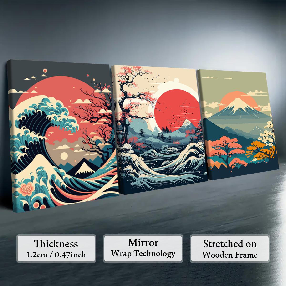 Wooden Framed Canvas Painting, 1-3 Counts/set Water Proof Japanese Style Scenery Canvas Poster, Modern Art Wall Decoration, Home Wall Decor