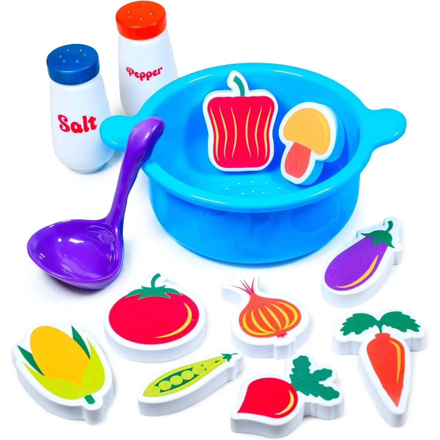 Scoop, Strain & Play Toddler Bath Toy |   Floating Foam Veggies, Ladle  Scooping & Soup Pot  Straining |   Pretend Play Cooking Kids Bath Toys |   Creative Bathtub Toys New model