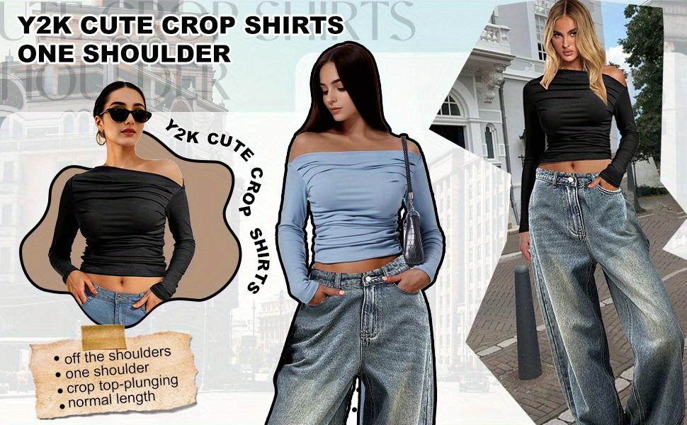 Women's off-the-shoulder top, long-sleeved short casual one-shoulder shirt for going out, one-shoulder Y2K tight shirt