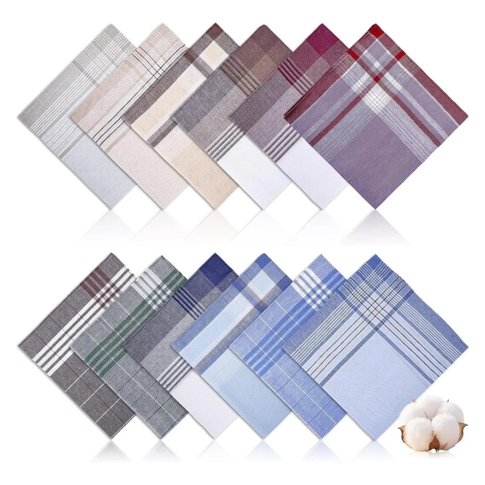 12 Pack Men's Handkerchiefs, 16x16 Inch, 100% Soft Cotton Classic Check Pocket SquaresGift
