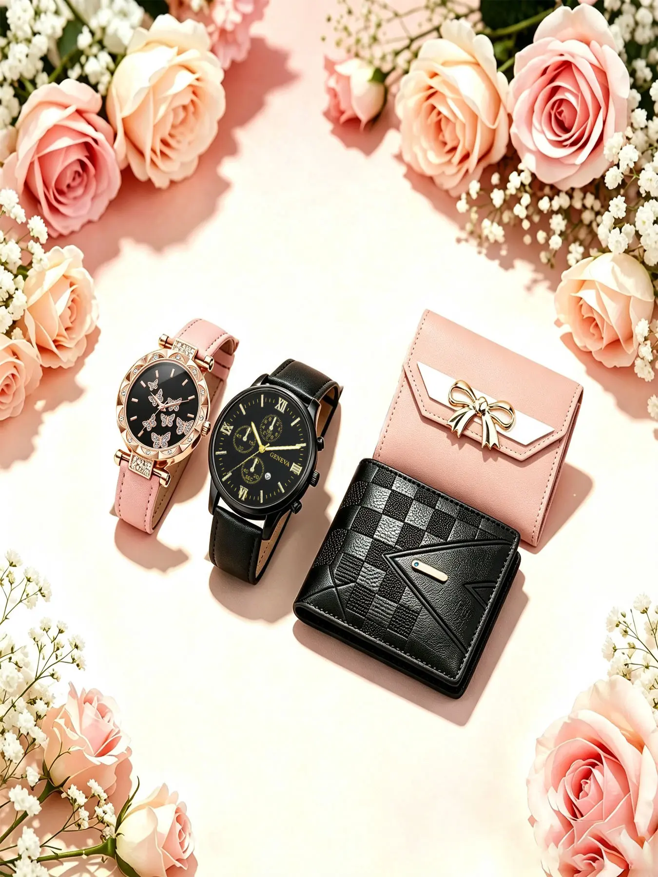 4pcs Fashion Business Casual Couple Watch Set, Quartz Watch + Stylish Wallet, Fashionable Stylish Watch, Fashionable Watches, Perfect Gift for Him, Valentine's Day, Christmas, Thanksgiving