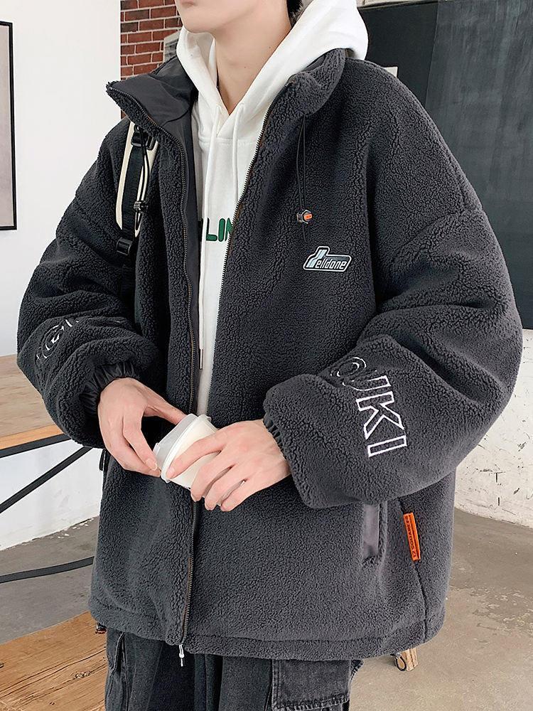 Men's lambskin stand collar embroidered warm jacket Large size loose casual fleece cotton jacket American street style letter embroidery fleece jacket