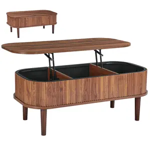 【DealsForYouDays】VEVOR 39.4 in Lift Top Coffee Table, Fluted Oval Coffee Table with 3 Hidden Compartment, Mid Century Wooden Oval Center Desk with Storage, Lift Up Tabletop for Home Office, Easy Assembly, Walnut