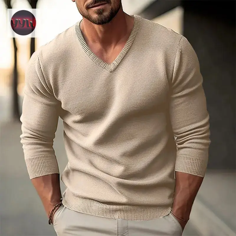 YYW1 Autumn Winter Men's Knit Pullovers Solid Color V-Neck Slim Fit Long Sleeve Knitted Sweater Men Fashion Casual Pullover Sweaters