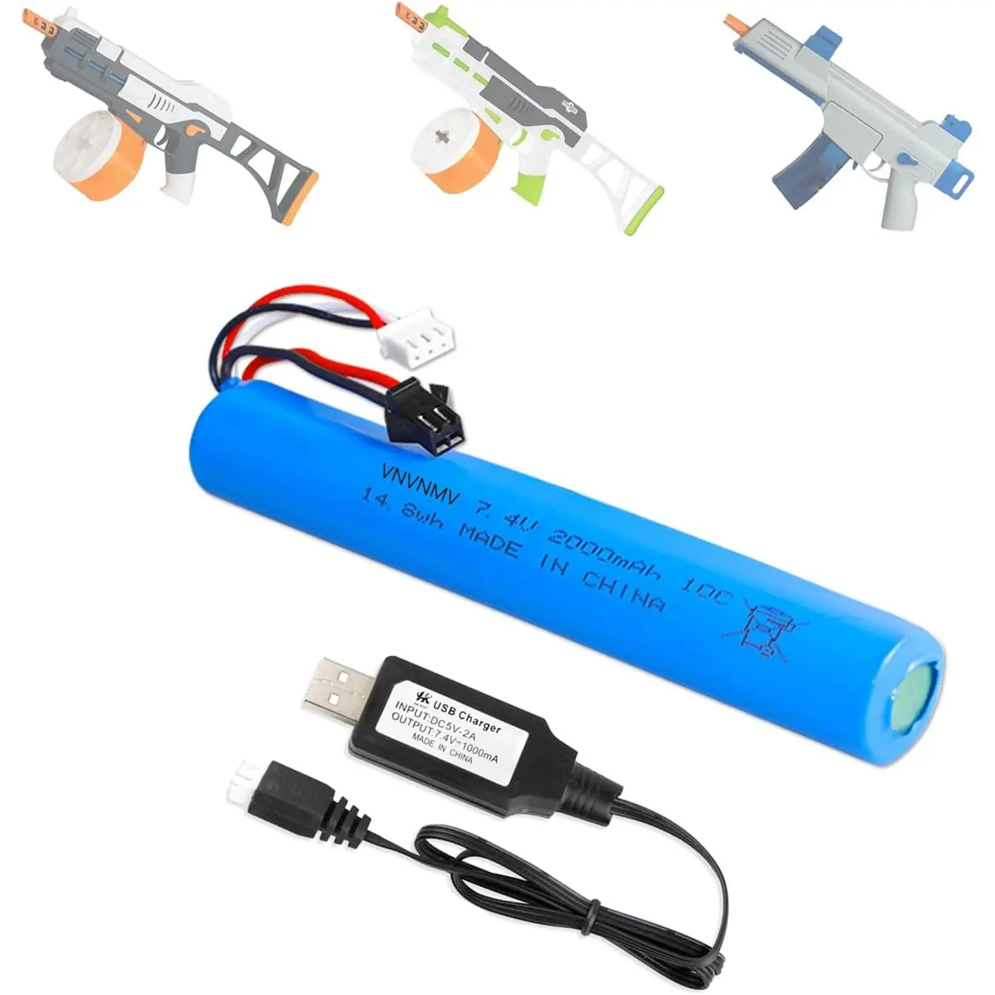 7.4V 2000mAh Rechargeable Battery Pack with USB Charger – Fits Specific Guns (SRB1200, SRB400, SRB400-SUB) for Gel Blasters, Splatter Ball Guns (1 Pack)
