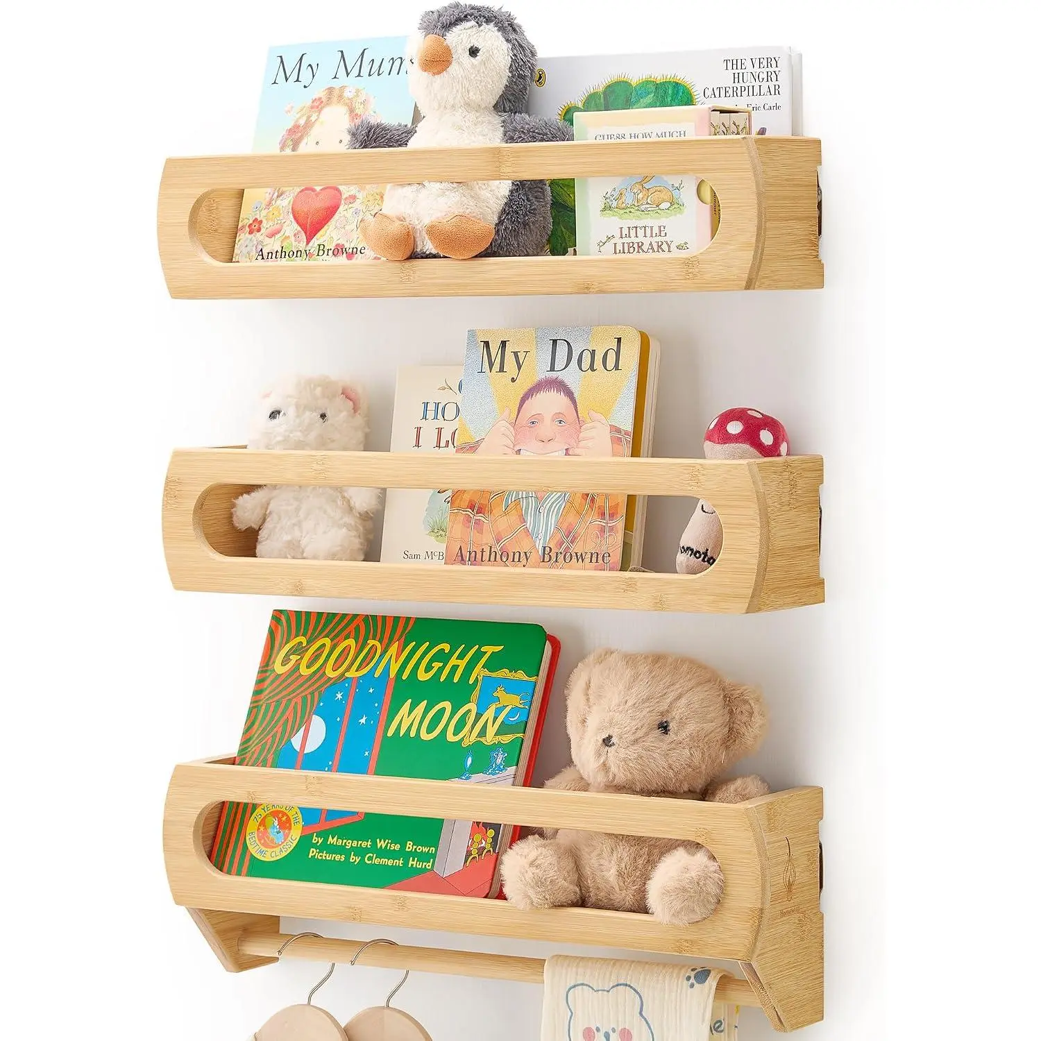 Nursery Shelves for Wall, Premium Bamboo Wood, Fully Assembled - Nursery Book Shelves, Book Shelf for Kids Rooms, Multi-Use Floating Shelves for Wall, Set of 3 (Natural, 16.5 Inches)