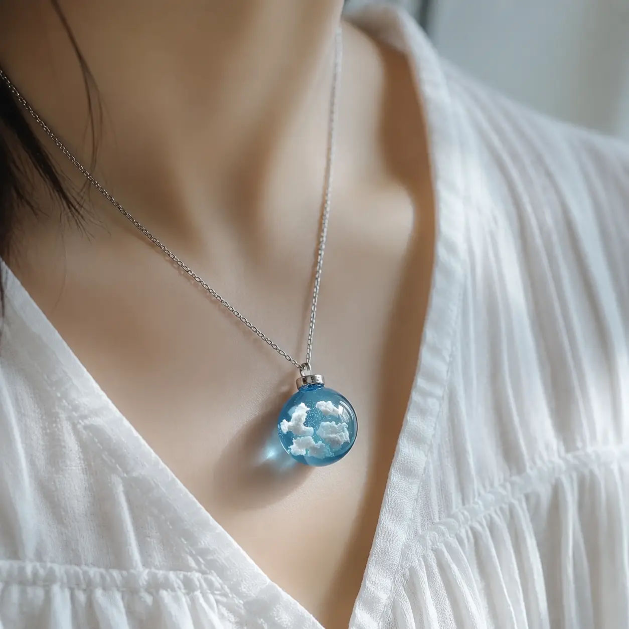 Silver Plated Blue Sky White Clouds Resin Ball Pendant Necklace Whimsical Transparent Globe Necklace Cottagecore Aesthetic Jewelry Unisex   for Women Men