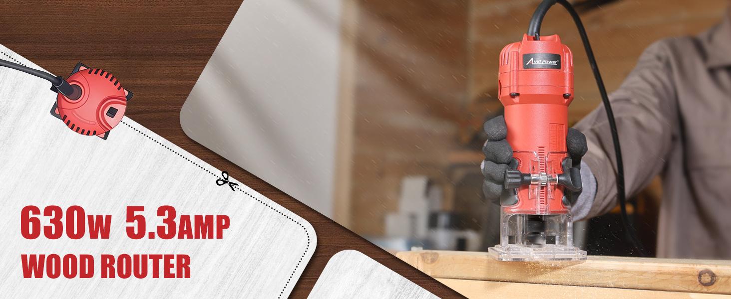 630W 5.3 Amp Wood Router Tool with Fixed Base Compact Router for Woodworking, 35,000 RPM, 1/4" collet & 5 Trim Bits, Straight & Roller Guide, 2 Wrenches and Carbon Brushes -.com 630W 5.3 Amp Wood Router Tool with Fixed Base Compact Router for Woodworking, 35,000 RPM, 1/4" collet & 5 Trim Bits, Straight & Roller Guide, 2 Wrenches and Carbon Brushes -.com