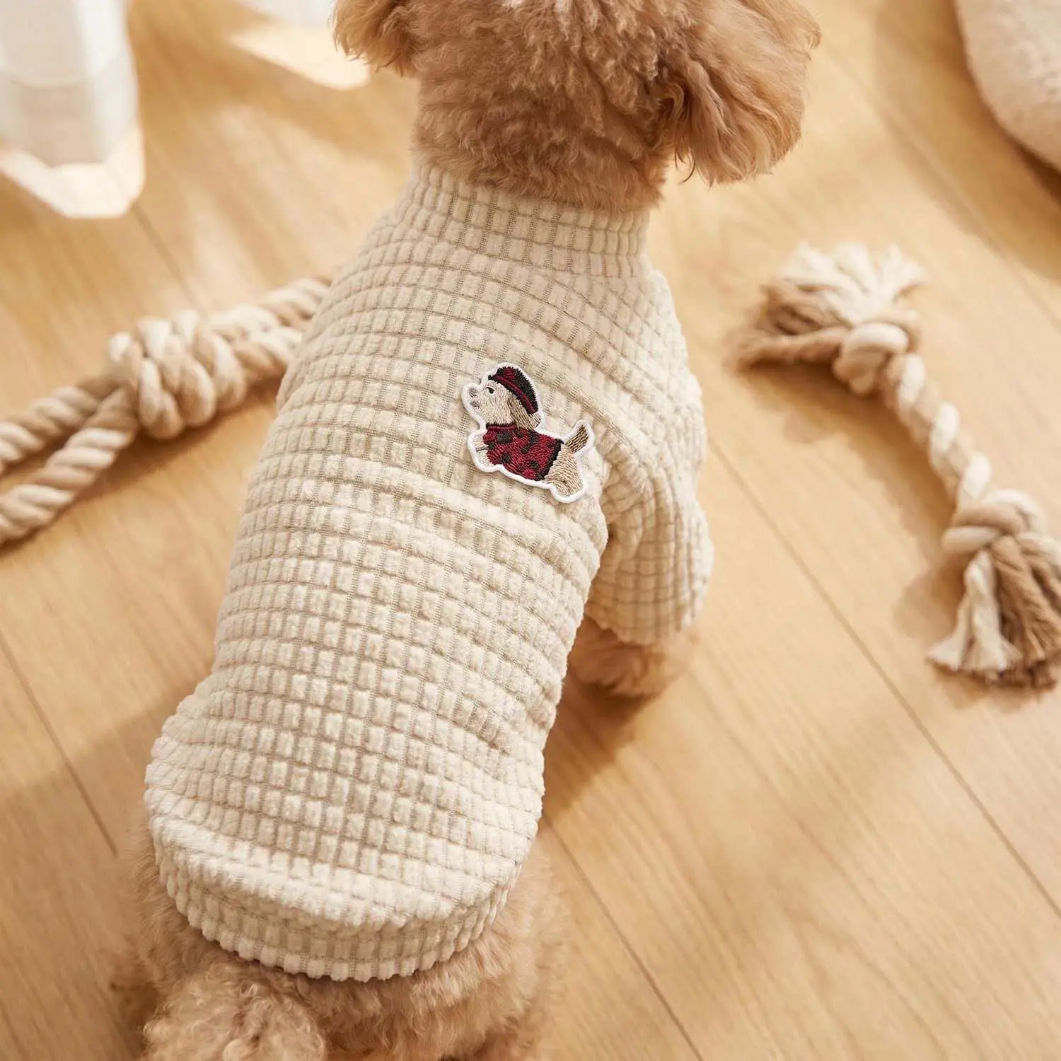 1PC Waffle Knit Dog Sweater Puppy Sweater With Cute Cartoon Dog Embroidery Warm High Neck Pullover Pet Clothes For Small Medium Dogs Chihuahua Bichon