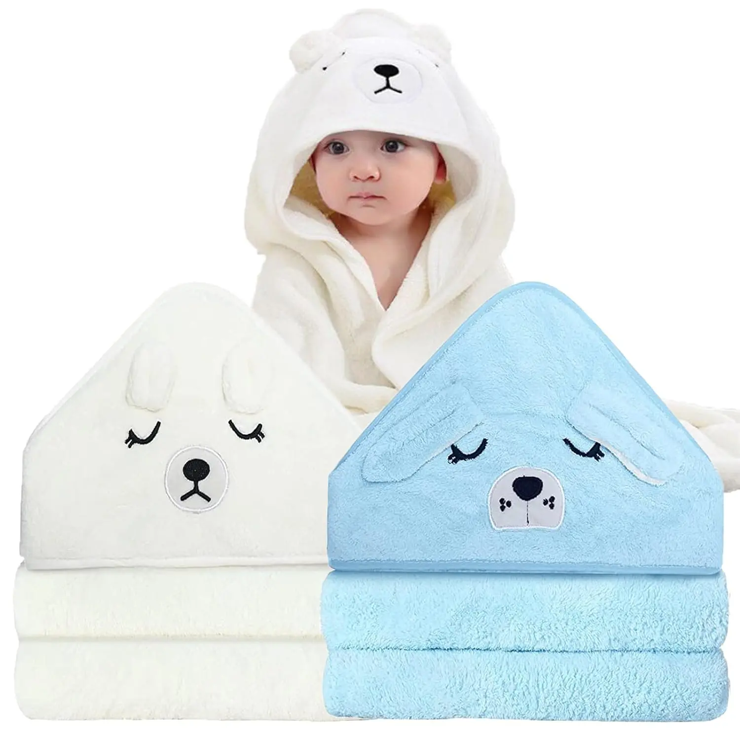 2 Pack Hooded Baby Towel - Premium Soft Bath Towel  Bathtub  Babie, Newborn, Infant - Ultra Absorbent, Natural Baby Stuff Towel  Boy and Girl (White & Blue)