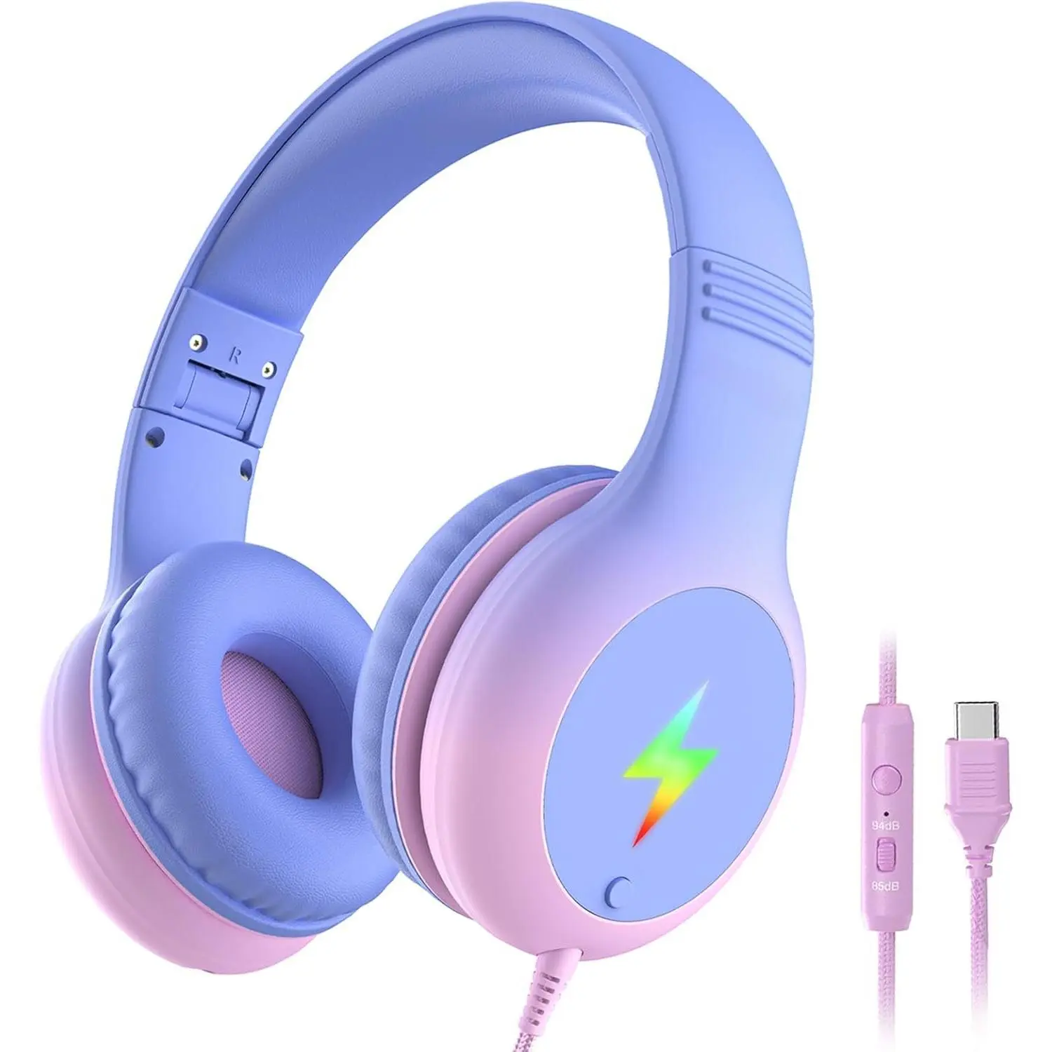 USB Type C  Headphones, Wired Headphones for  with Microphone/LED Lights, 85/94dB Volume Limit, Stereo Sound, Foldable Over-Ear USB-C Headphones for School/Travel/Tablet/iPad,