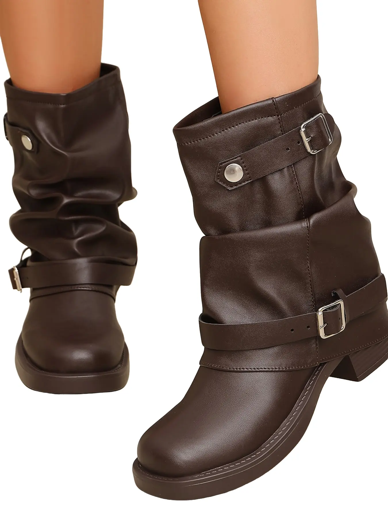 Multi Buckle Folded Soft Leather Boots, Adjustable Boot Cuff Design, Outdoor Casual Western Women's Boots, Comfortable and Stylish