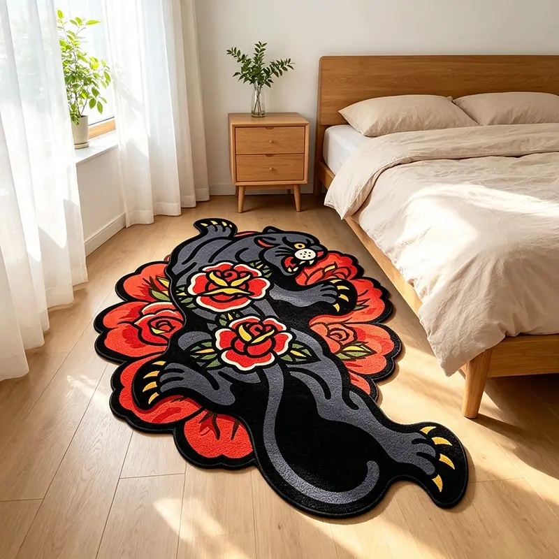 Vintage American Panther Rose Tattoo Rug, Boho Style Irregular Carpet, Soft Non-Slip Washable Mat for Living Room, Bedroom, Entryway