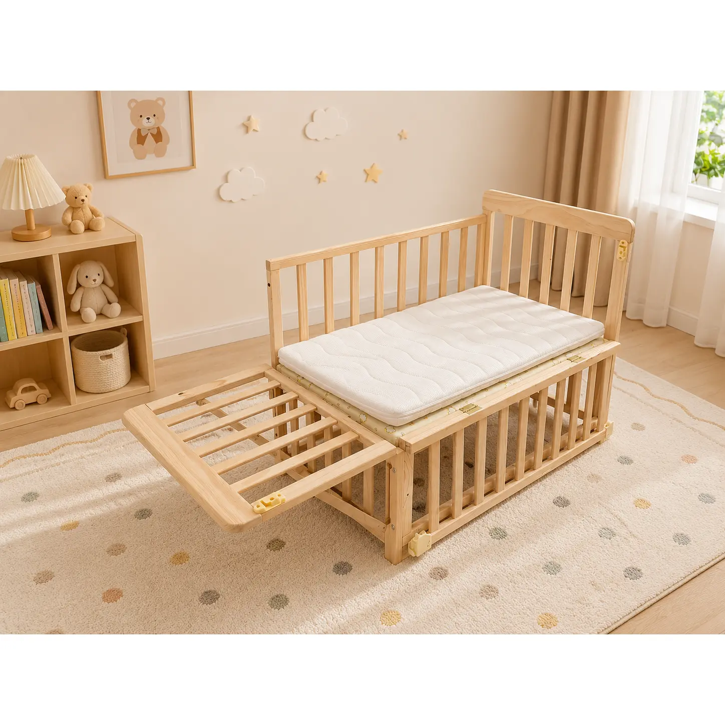 ARCH Solid Wood Baby Bassinet Bedside Crib, Extendable Mini Crib with Mattress, 3 Adjustable Heights, Portable Wooden Bassinet for Newborns, Toddlers, Natural Pine, Nursery Bedroom, Rocking Mode, 360° Wheels, Natural Color Options