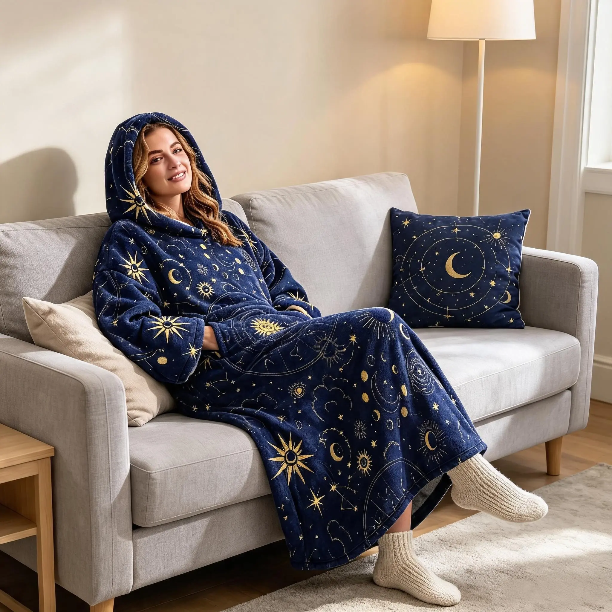 1pc Flannel Hooded Wearable Blanket, Couples Zodiac Print, Long Sleeve with Large Pockets, Casual Home Lingerie, Holiday Gift