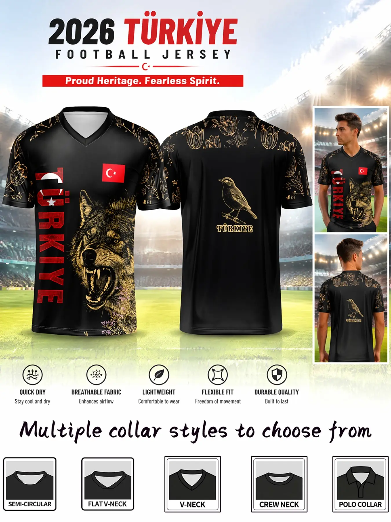 Turkish National Pride Soccer Jersey, Tulip Flower Art, Wolf and Robin Totem, Breathable Sportswear, Short Sleeve T-Shirt