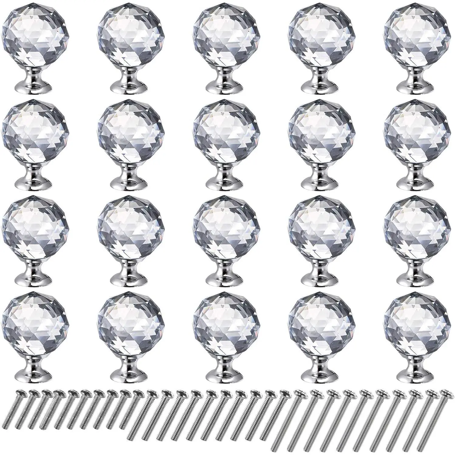 20 Pack  Glass Cabinet Knobs, 30mm Ball Shape Pulls Handles, Drawer Knobs Pulls with Screws, Dresser Pulls Cupboard Knob Cabinet for Kitchen, Bathroom, Office