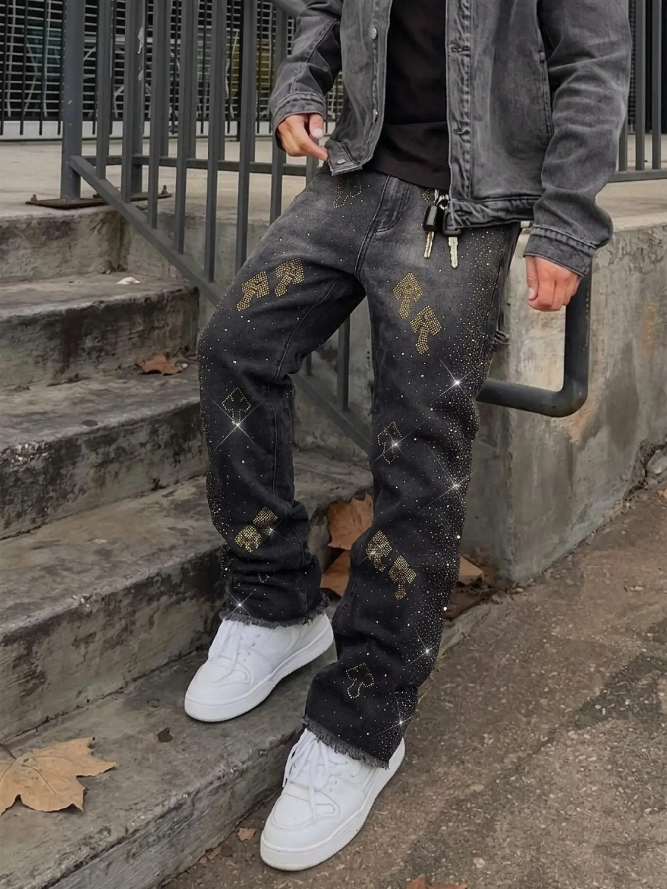 Men's Streetwear Denim Jeans, Slim-Fit Cross Rhinestone Pockets, Aesthetic Punk Hip-Hop Style, All-Season Casual Wear, Unisex Fashion, Fashion High Street