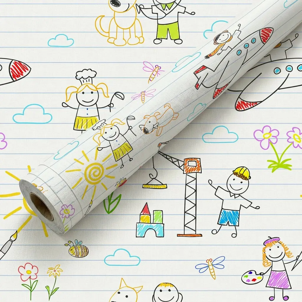 1 Roll 17.5in Width Hand Drawn Doodle Kids Drawing Removable Wallpaper, Waterproof Easy to Clean, Peel and Stick Wall Decals for Kids Room Decor