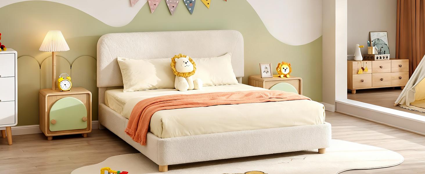 Queen Size Cloud Bed Frame, Soft Boucle Bed Frame with Adjustable Headboard, Solid Wood Legs, Rounded Corners Design & Easy Assembly – Modern Platform Bed,Cream